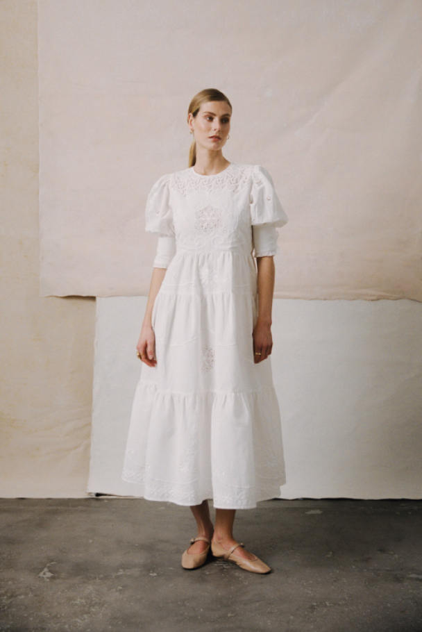 Linen Embroidery Gown - White - Image 3