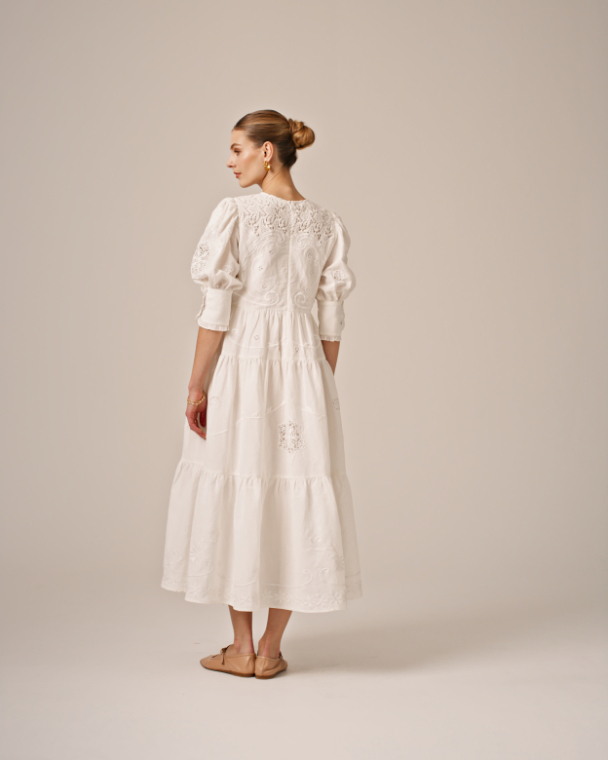 Linen Embroidery Gown - White - Image 4