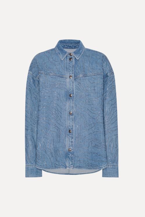 Rhinestone Denim Shirt - Light Blue Denim