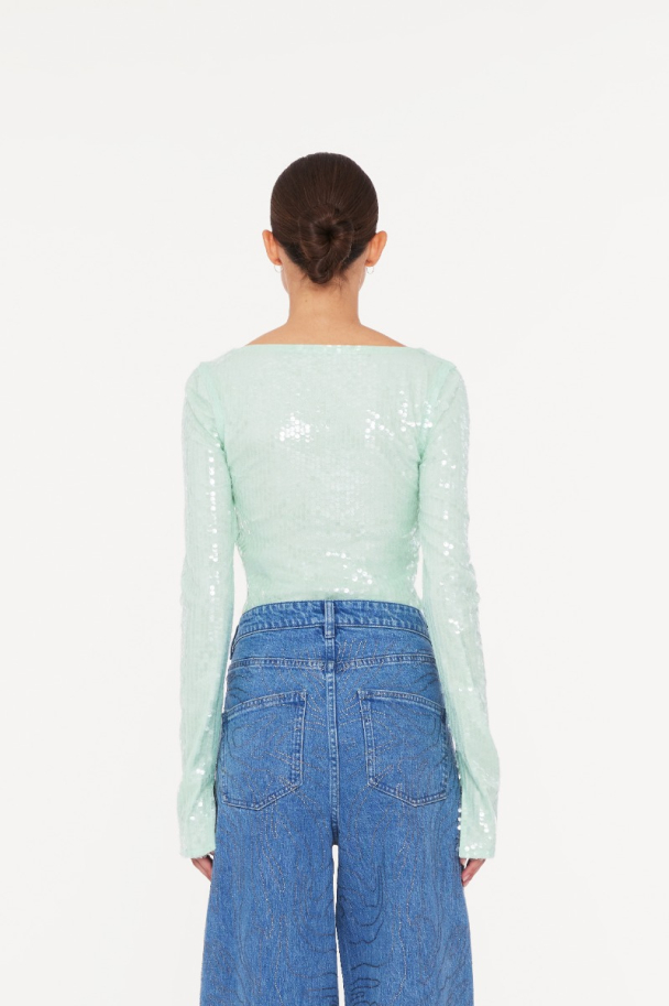 Sequins V-neck Top - Gossamer Green - Image 4