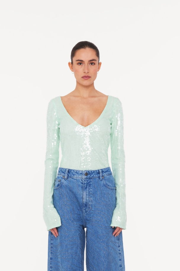 Sequins V-neck Top - Gossamer Green - Image 5