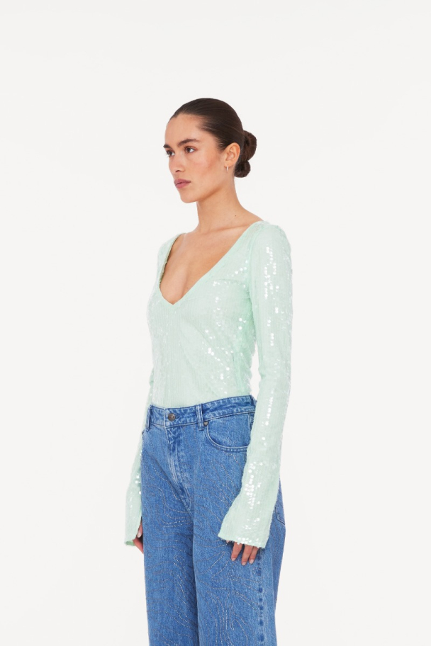 Sequins V-neck Top - Gossamer Green - Image 6