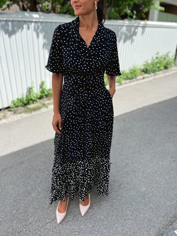 Long Frill Dress - Black Dot - Image 1