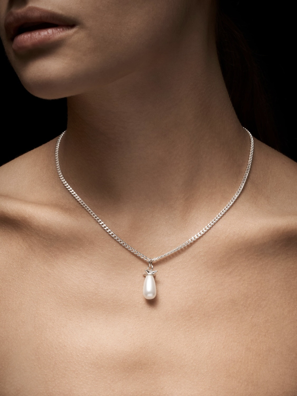Pearl Tear Necklace - Silver - Glass Pearl - Image 1