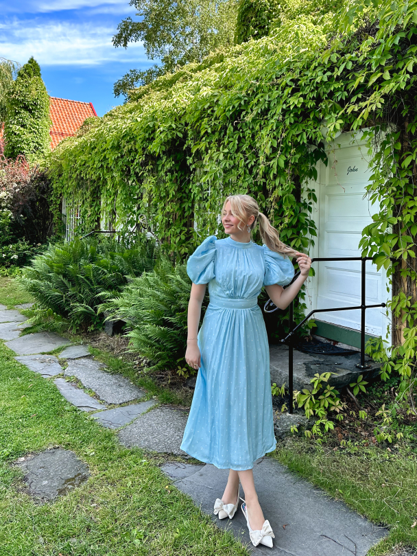 Textured Midi Puffy Dress - Oval Polka Dot + Cool Blue Combo - Image 10
