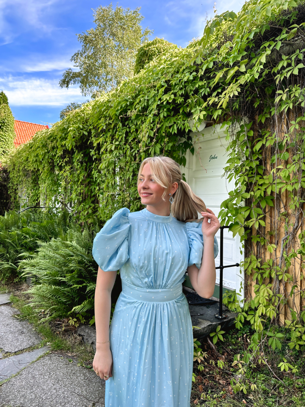 Textured Midi Puffy Dress - Oval Polka Dot + Cool Blue Combo - Image 11
