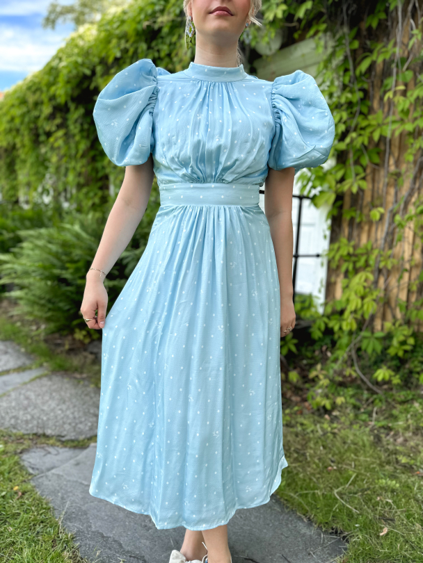 Textured Midi Puffy Dress - Oval Polka Dot + Cool Blue Combo - Image 1