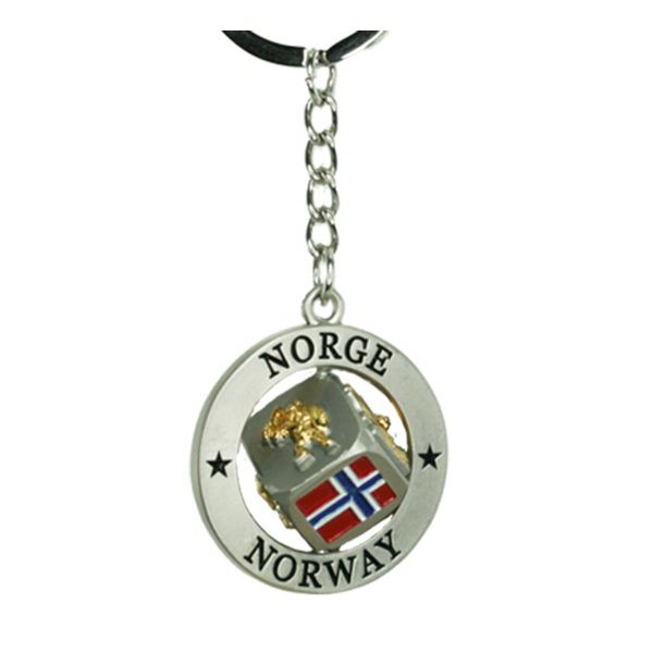 Nøkkelring, terning med norsk flagg, troll, elg og vikingskip 