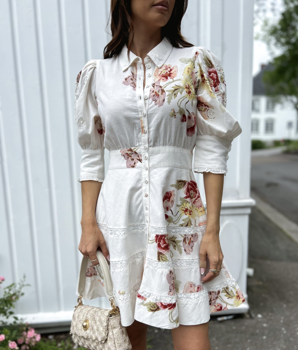 Linen Embroidery Mini Dress - Rosette - Image 1