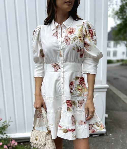 Linen Embroidery Mini Dress - Rosette