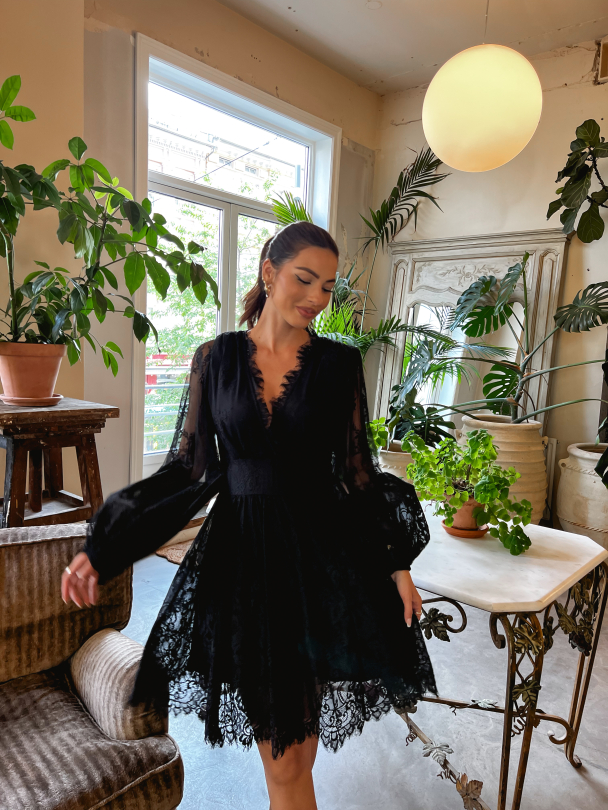 Lace V-Neck Dress - Black - Image 3