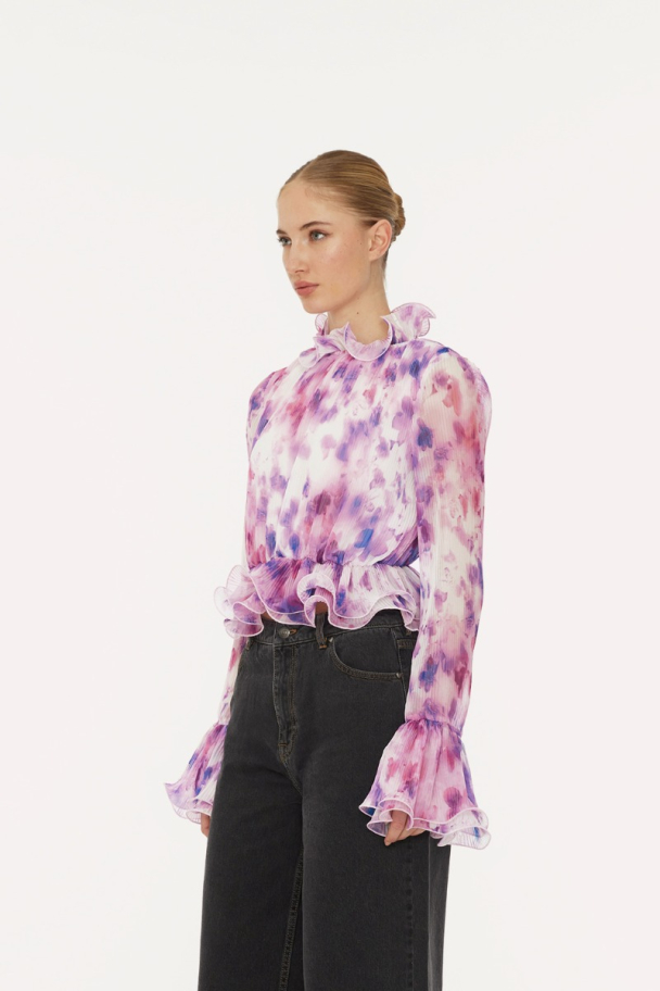 Chiffon Ruffle Top - Pink Print  - Image 6