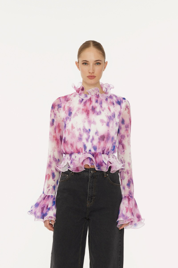 Chiffon Ruffle Top - Pink Print  - Image 7