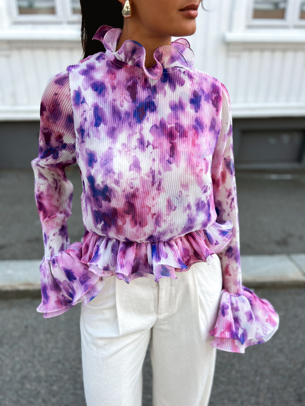 Chiffon Ruffle Top - Pink Print  - Image 1