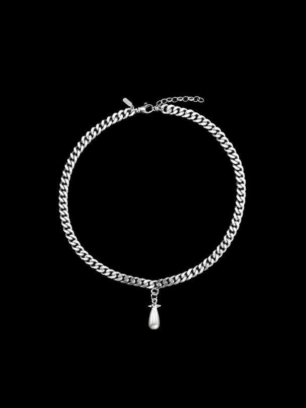 Chunky Chain Drop Pearl Necklace  - Image 2