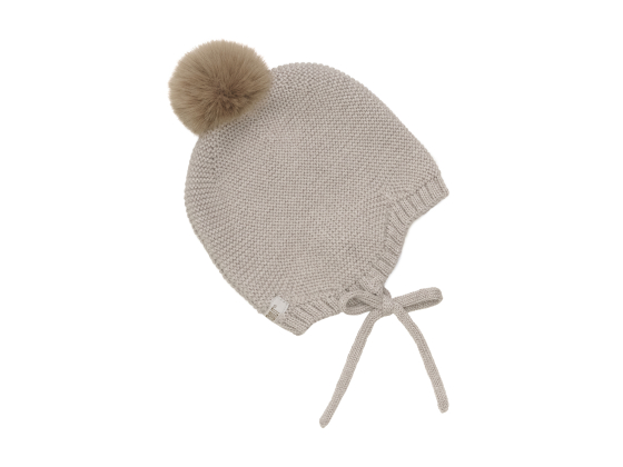 Bonnet Wool Knit w. Pompom, Camel Melange - Huttelihut