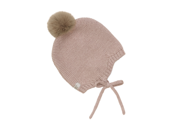 Bonnet Wool Knit w. Pompom, Mahogany Rose - Huttelihut