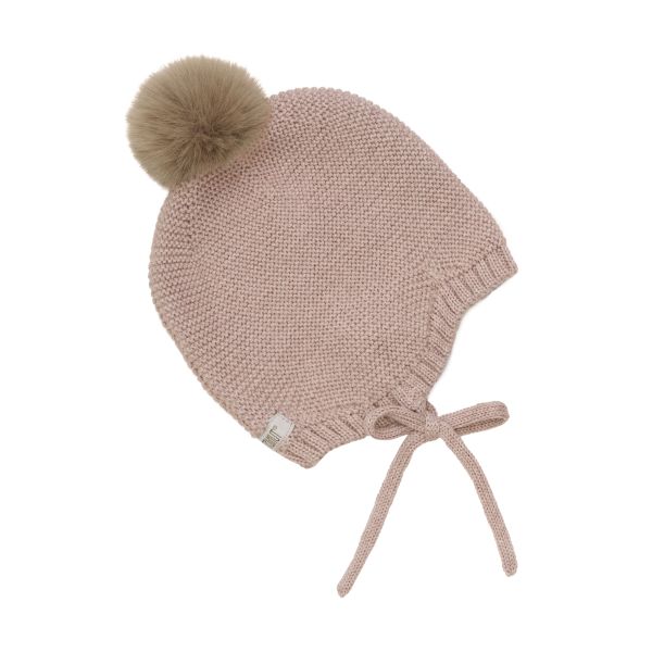 Bonnet Wool Knit w. Pompom, Mahogany Rose - Huttelihut