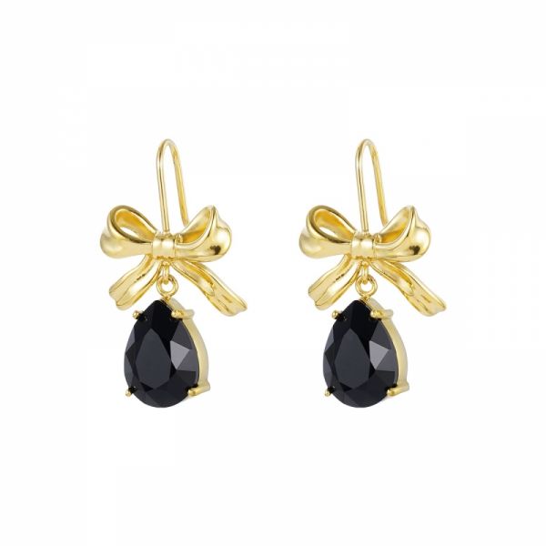 Bow Crystal Earring Black/Gold