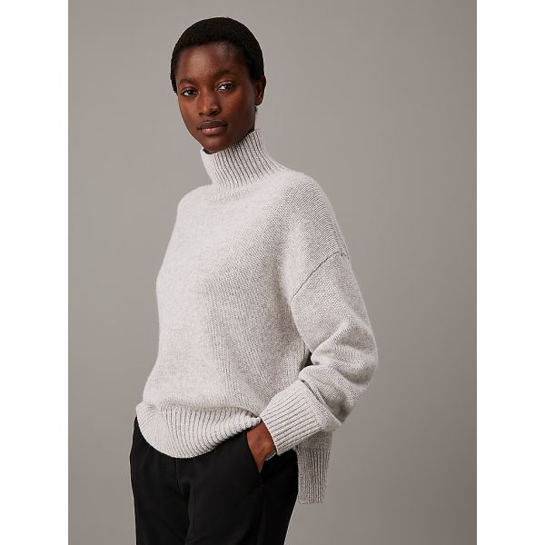 CASHMERE BLEND HIGH-NECK SWEATER - Light Grey