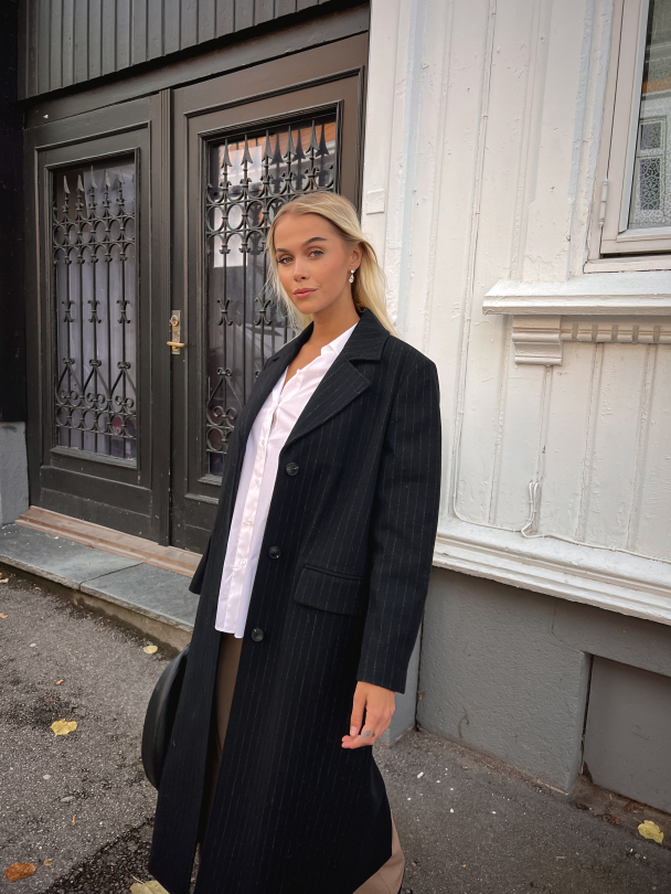 Alma Long Wool Coat - Black/Pinstripes - Image 3