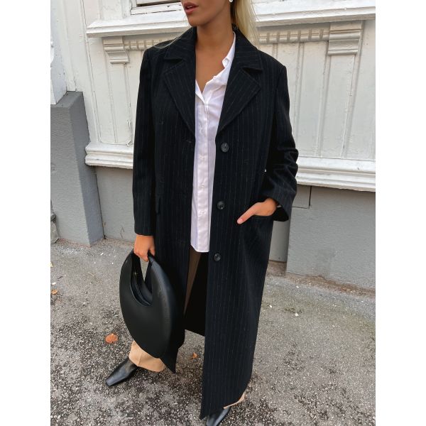 Alma Long Wool Coat - Black/Pinstripes