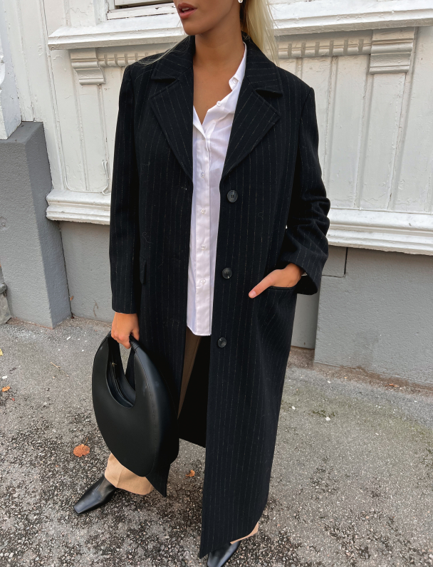Alma Long Wool Coat - Black/Pinstripes - Image 1