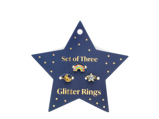 Glitter ringer (3stk) - Star, rainbow & moon