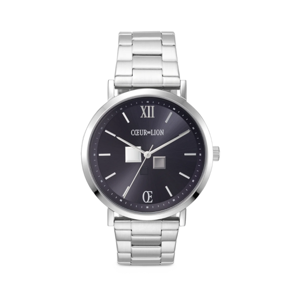 Silver Watch Round Statement Unisex Midnight Blue Stainless Steel Frosted