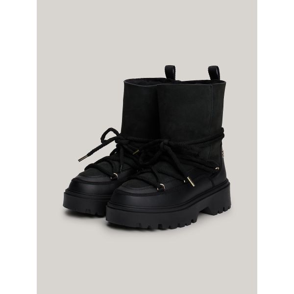 SHEARLING LEATHER LACE-UP SNOW BOOTS - Black