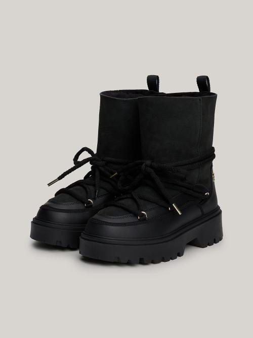 SHEARLING LEATHER LACE-UP SNOW BOOTS - Black