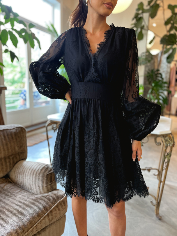 Lace V-Neck Dress - Black - Image 1