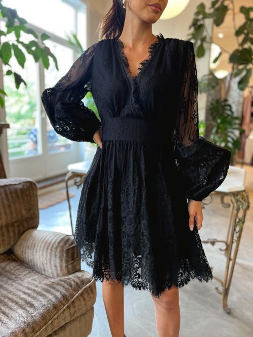 Lace V-Neck Dress - Black