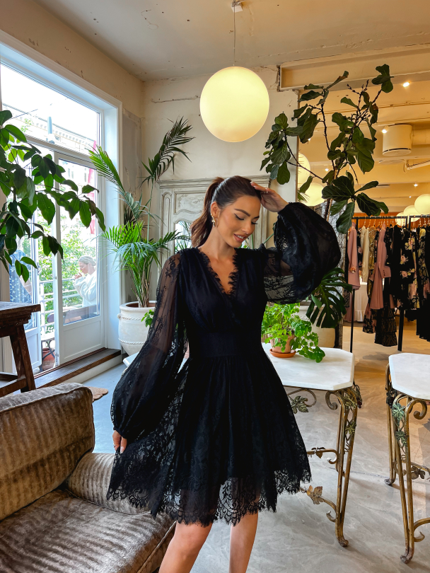 Lace V-Neck Dress - Black - Image 4