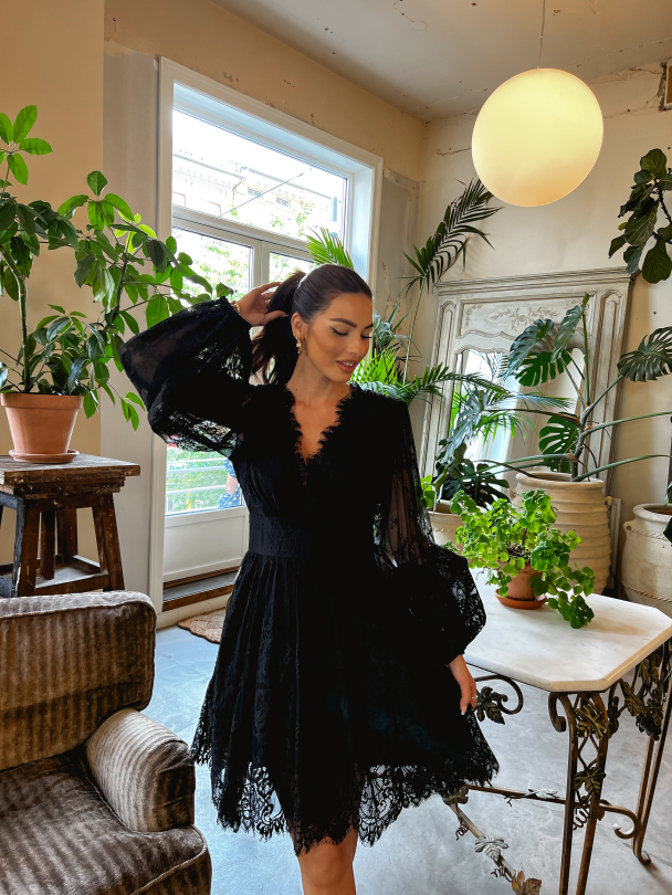 Lace V-Neck Dress - Black - Image 5