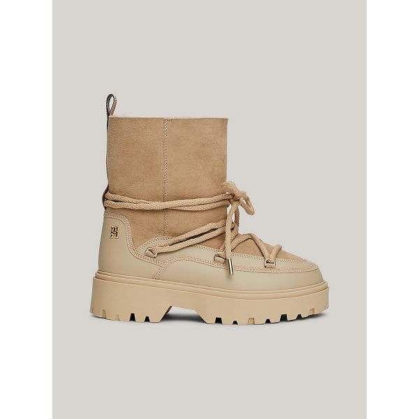 SHEARLING LEATHER LACE-UP SNOW BOOTS - Beige