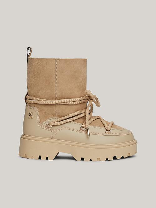 SHEARLING LEATHER LACE-UP SNOW BOOTS - Beige