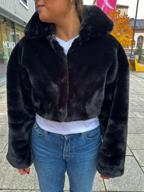 Faux Fur Crop Jacket - Black  - Image 1
