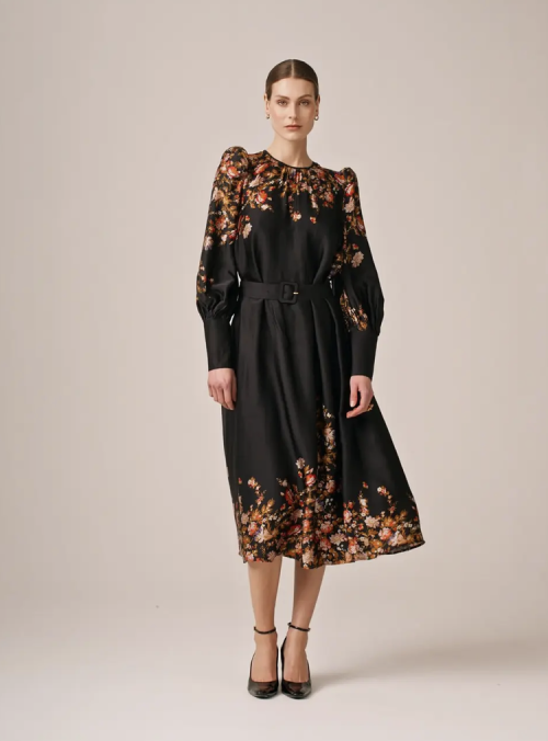 Satin Midi Dress - Midnight Blossom