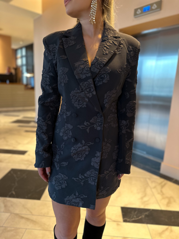 3D Flower Blazer Dress - Grey Pinstripe  - Image 1