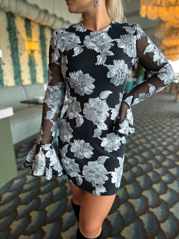 Flower Mesh Mini Dress - Gray Pinstripe Combo - Image 1