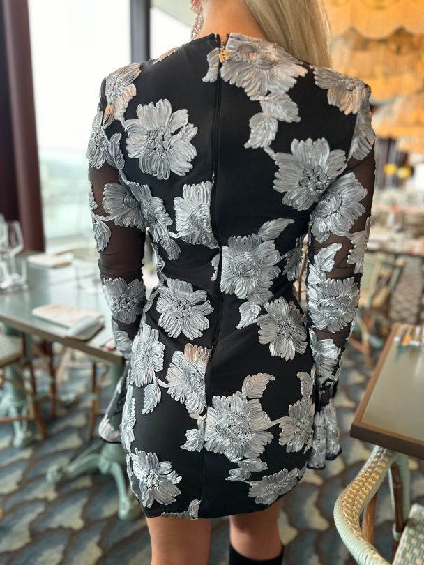 Flower Mesh Mini Dress - Gray Pinstripe Combo - Image 2