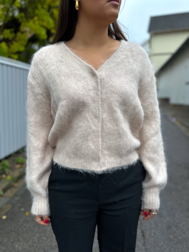 Knit V-neck Cardigan - Beige Melange  - Image 1
