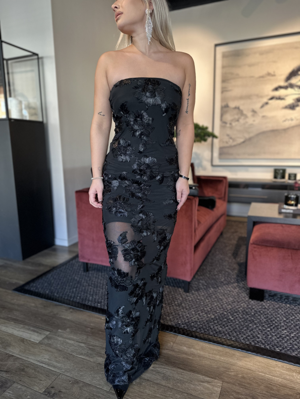 Flower Mesh Tube Dress - Black - Image 1