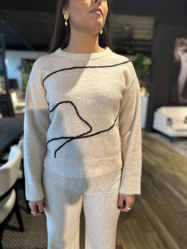 Sia Ras Knit Artwork O-Neck - Birch/Black - Image 1