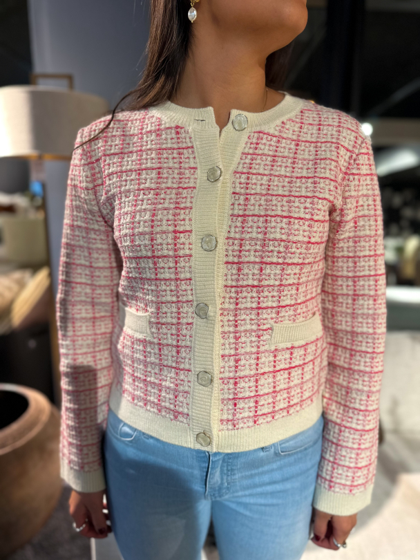 Livia Short Knit Cardigan - Birch/Raspberry - Image 1
