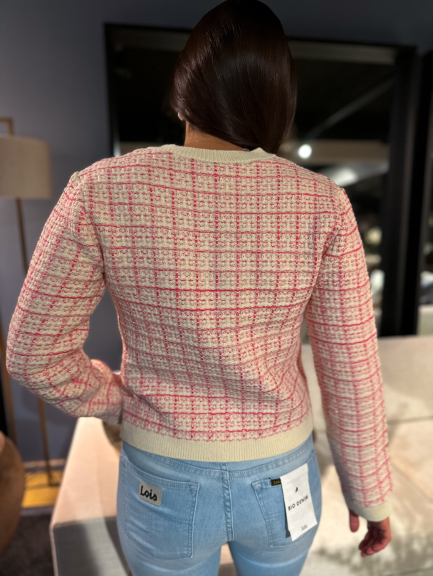 Livia Short Knit Cardigan - Birch/Raspberry - Image 2