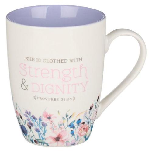 Kopp - Strength & Dignity Purple Floral Ceramic Coffee Mug - Proverbs 31:25