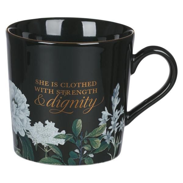 Kopp - Strength and Dignity Black Floral Ceramic Coffee Mug - Prov. 31:25