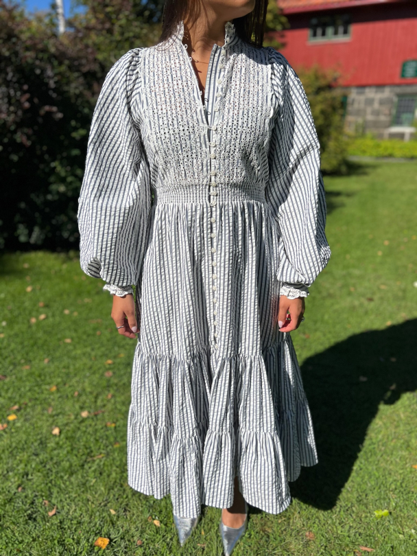 Seersucker Midi Dress - Blue Stripe  - Image 1